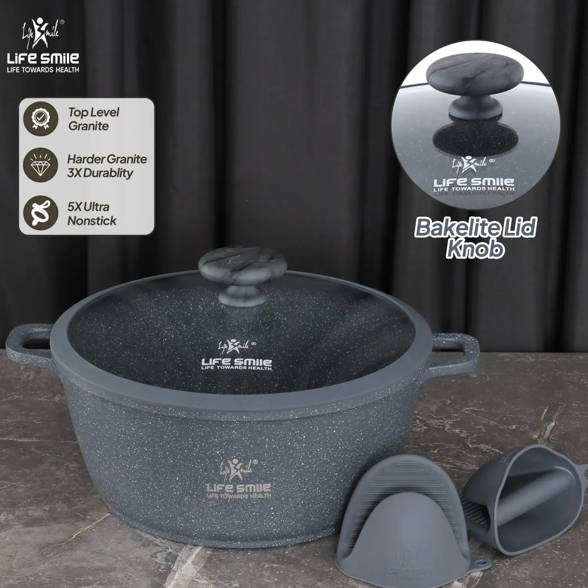 Life Smile 10-Piece Granite Cookware Set (5 Pots with Lids + Utensils & Silicone Gloves) – Speckled Blue