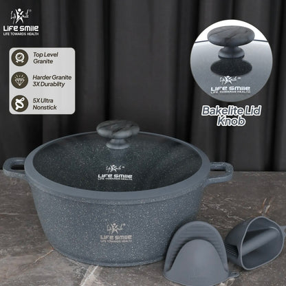 Life Smile 10-Piece Granite Cookware Set (5 Pots with Lids + Utensils & Silicone Gloves) – Speckled Blue