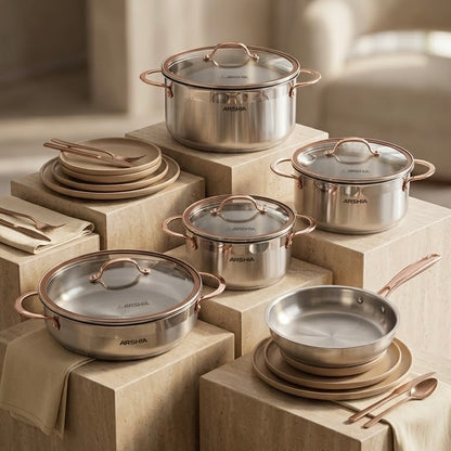 Arshia Stainless Steel Cookware Set With Copper Handle - 9 pcs