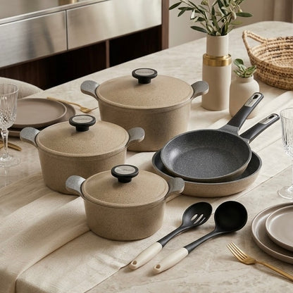 Neoflam Non-Stick Granite Cookware Set (12 Pcs) – Sand Beige & Charcoal Grey