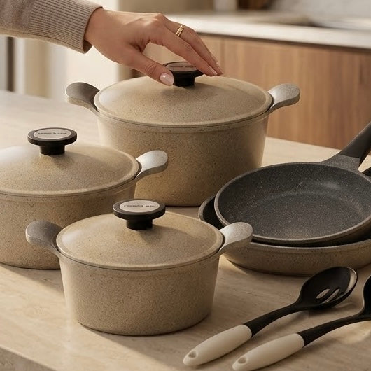 Neoflam Non-Stick Granite Cookware Set (12 Pcs) – Sand Beige & Charcoal Grey