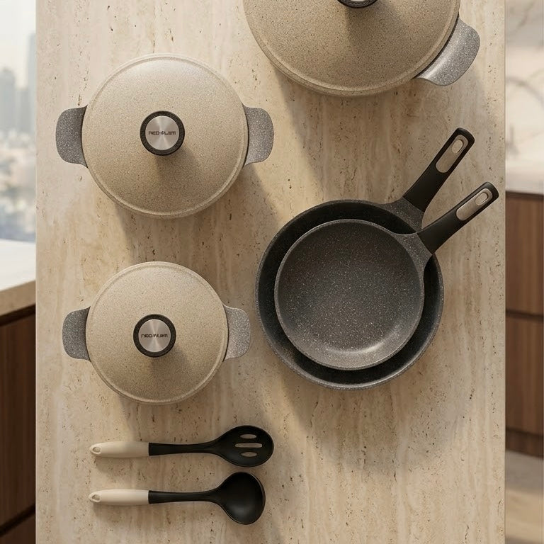 Neoflam Non-Stick Granite Cookware Set (12 Pcs) – Sand Beige & Charcoal Grey