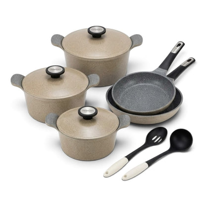 Neoflam Non-Stick Granite Cookware Set (12 Pcs) – Sand Beige & Charcoal Grey