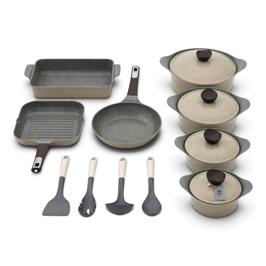 Neoflam Mega Non-Stick Granite Cookware Set (21 Pcs) with Roaster, Grill Pan & Silicone Grips – Sand Beige