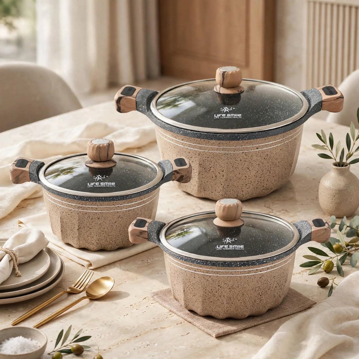 Premium Life Smile Granite Cookware Trio – Multi-Layer Non-Stick Pots with Tempered Glass Lids