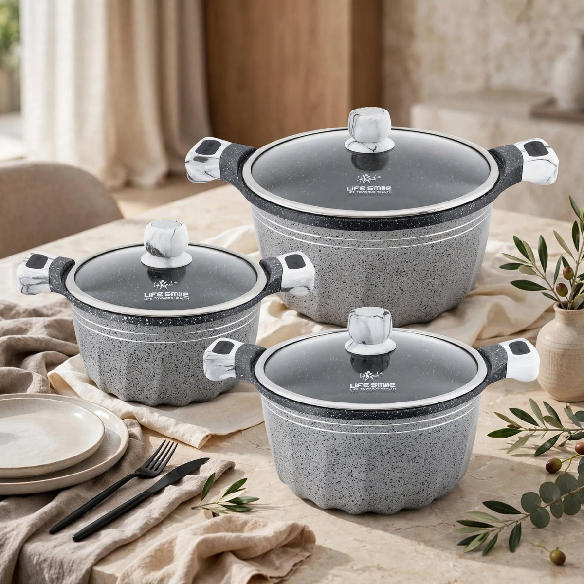 Premium Life Smile Granite Cookware Set (6 Pieces) – Multi-Layer Non-Stick with Tempered Glass Lids