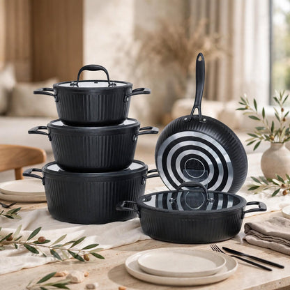 Luxury Matte Black Fluted Cookware Set (9 Pcs) – Non-Stick Pots with Flat Tempered Glass Lids - Mawaeen