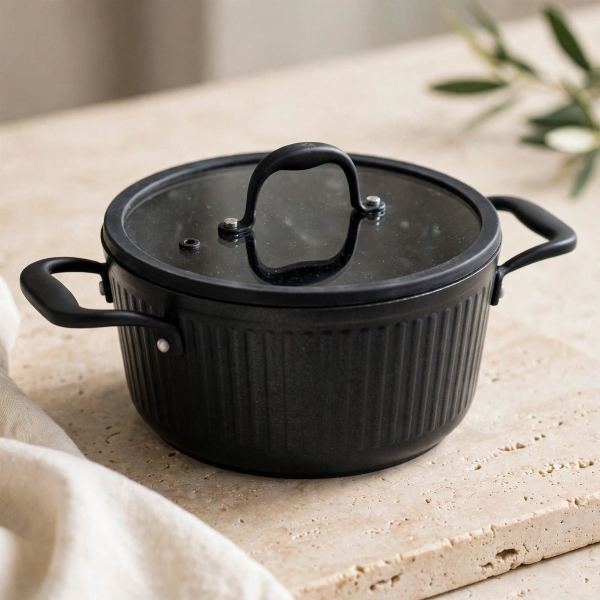 Luxury Matte Black Fluted Cookware Set (9 Pcs) – Non-Stick Pots with Flat Tempered Glass Lids - Mawaeen