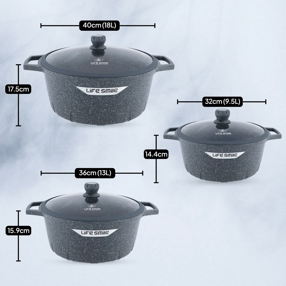 Premium Life Smile Granite Feast Pots (32cm, 36cm, 40cm) – Non-Stick Heavy-Duty Cookware in Blue