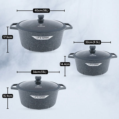 Premium Life Smile Granite Feast Pots (32cm, 36cm, 40cm) – Non-Stick Heavy-Duty Cookware in Blue