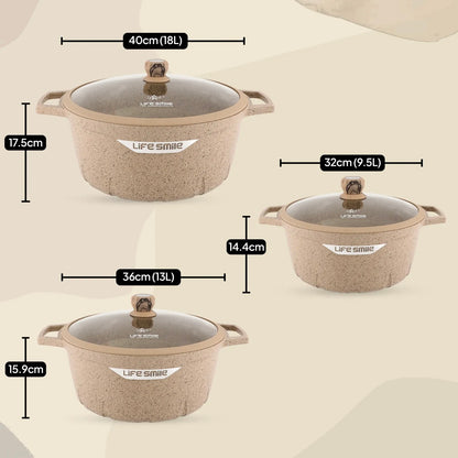 Premium Life Smile Granite Feast Pots (32cm, 36cm, 40cm) – Non-Stick Heavy-Duty Cookware in Beige