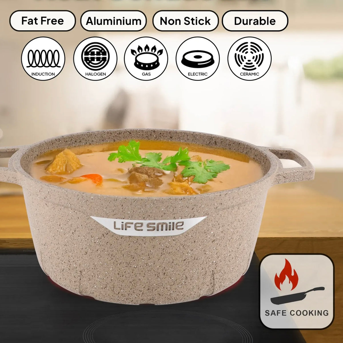 Premium Life Smile Granite Feast Pots (32cm, 36cm, 40cm) – Non-Stick Heavy-Duty Cookware in Beige