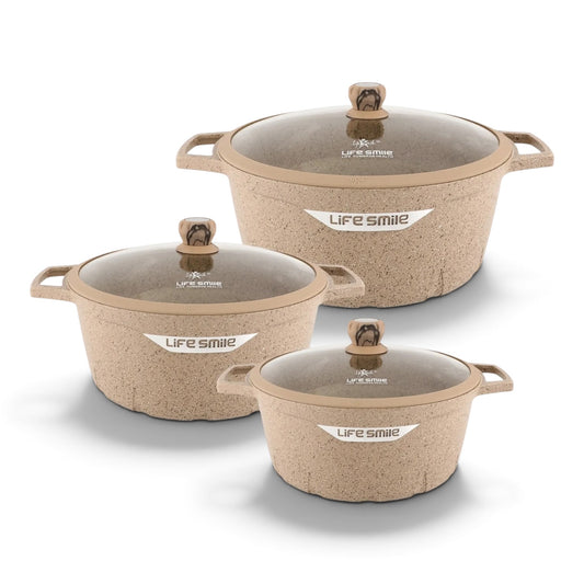 Premium Life Smile Granite Feast Pots (32cm, 36cm, 40cm) – Non-Stick Heavy-Duty Cookware in Beige