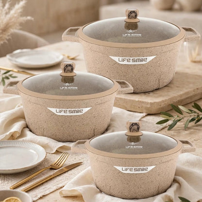 Premium Life Smile Granite Feast Pots (32cm, 36cm, 40cm) – Non-Stick Heavy-Duty Cookware in Beige