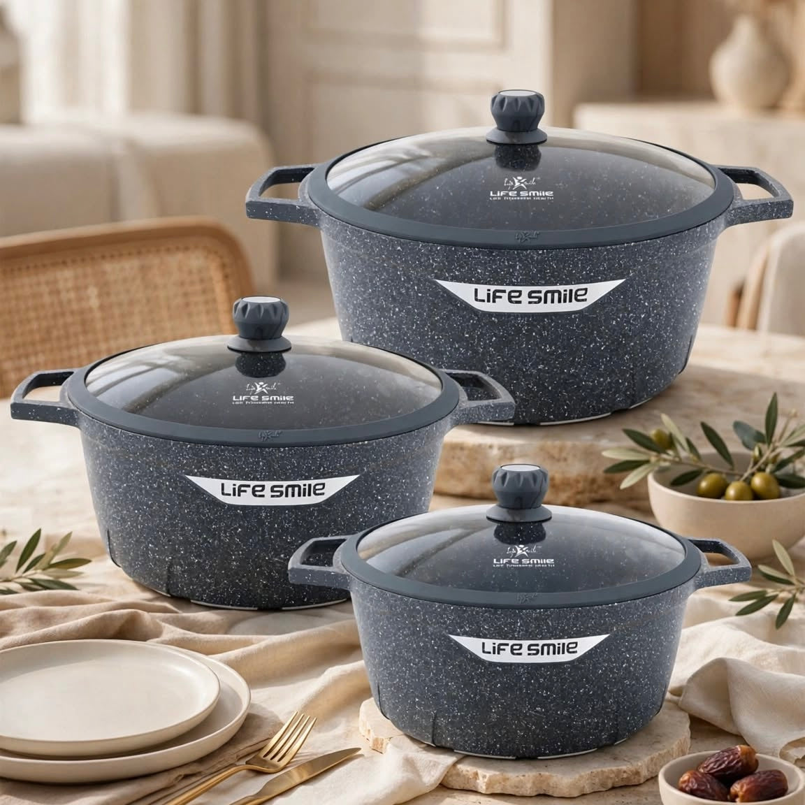 Premium Life Smile Granite Feast Pots (32cm, 36cm, 40cm) – Non-Stick Heavy-Duty Cookware in Blue