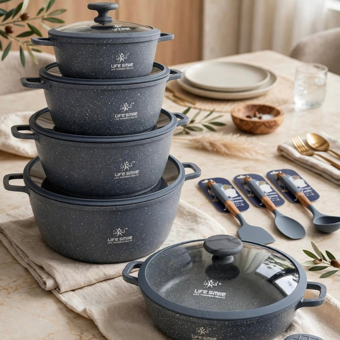 Life Smile 10-Piece Granite Cookware Set (5 Pots with Lids + Utensils & Silicone Gloves) – Speckled Blue