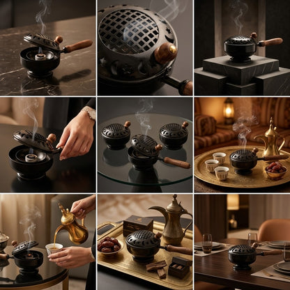 Portable Black Incense Burner with Wooden Handle & Dome Cover