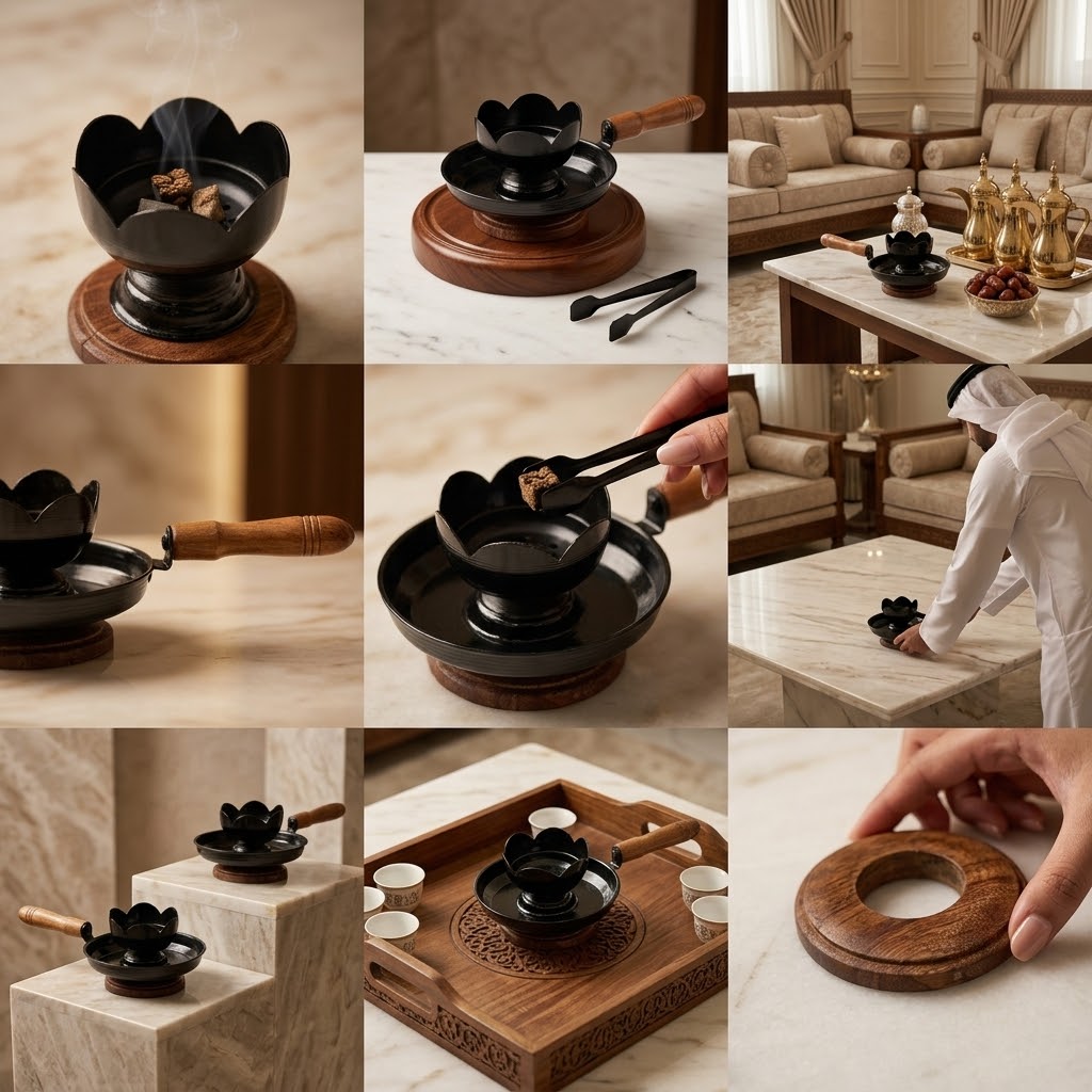 One-Piece Lotus-Style Black Incense Burner with Wood Base & Tongs