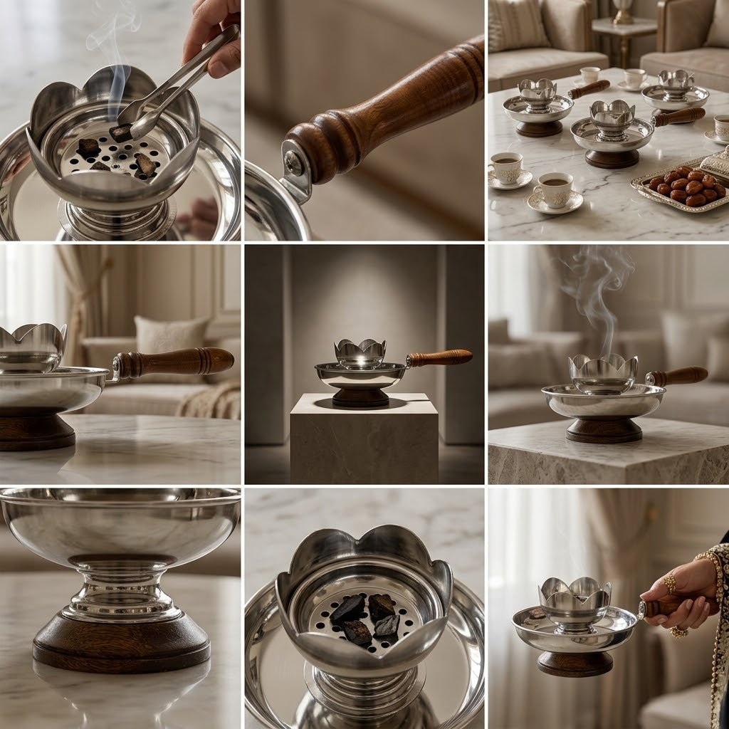 One-Piece Lotus-Style Silver Incense Burner with Wood Base & Tongs