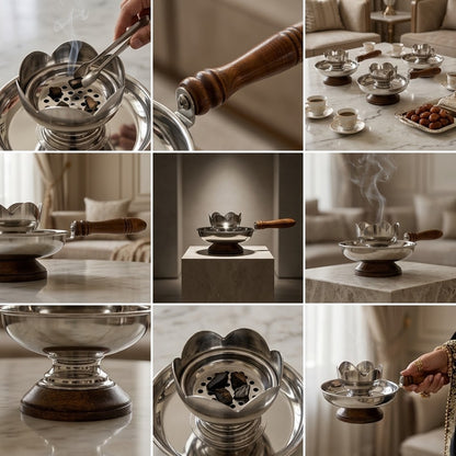 One-Piece Lotus-Style Silver Incense Burner with Wood Base & Tongs