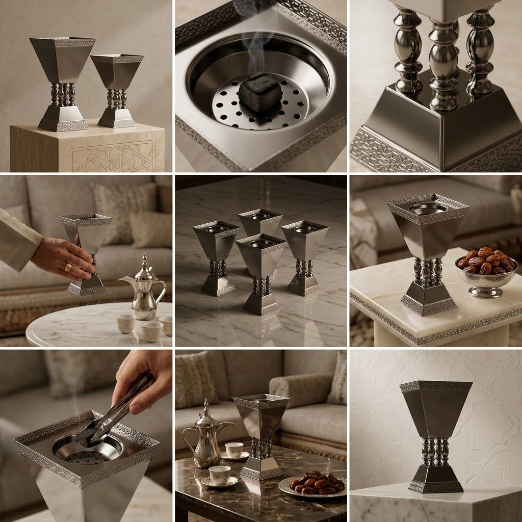 Luxury Chrome Incense Burner / Mabkhara with Ornate Pedestal Base – Small