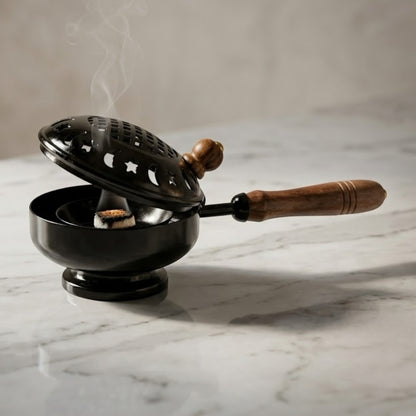 Portable Black Incense Burner with Wooden Handle & Dome Cover