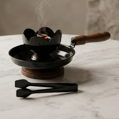 One-Piece Lotus-Style Black Incense Burner with Wood Base & Tongs