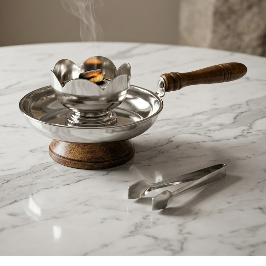 One-Piece Lotus-Style Silver Incense Burner with Wood Base & Tongs