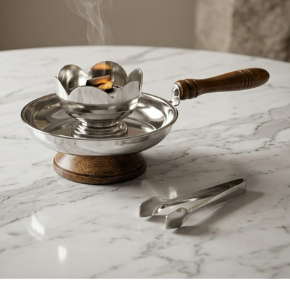 One-Piece Lotus-Style Silver Incense Burner with Wood Base & Tongs