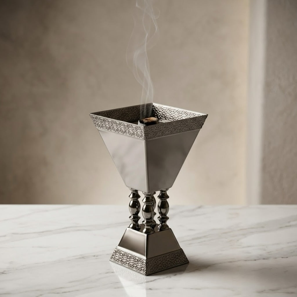 Luxury Chrome Incense Burner / Mabkhara with Ornate Pedestal Base – Small