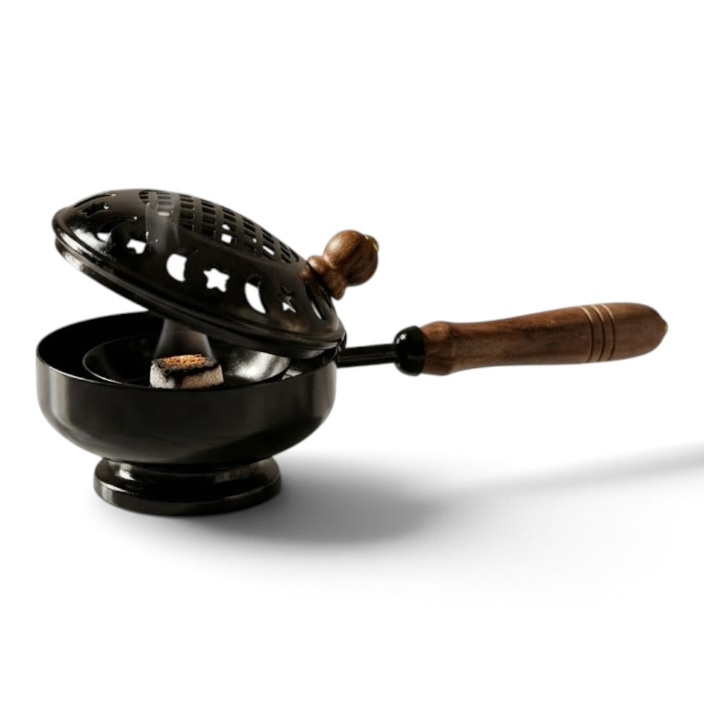 Portable Black Incense Burner with Wooden Handle & Dome Cover