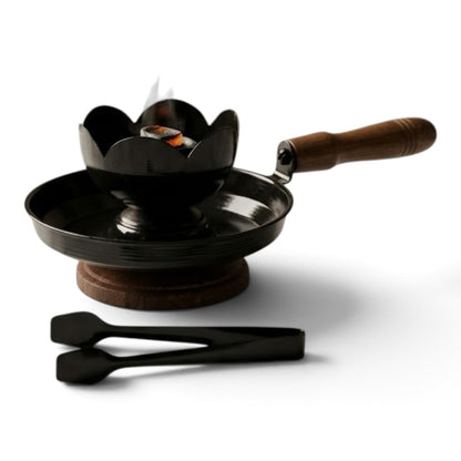 One-Piece Lotus-Style Black Incense Burner with Wood Base & Tongs