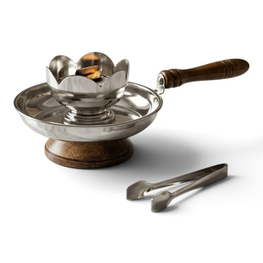 One-Piece Lotus-Style Silver Incense Burner with Wood Base & Tongs