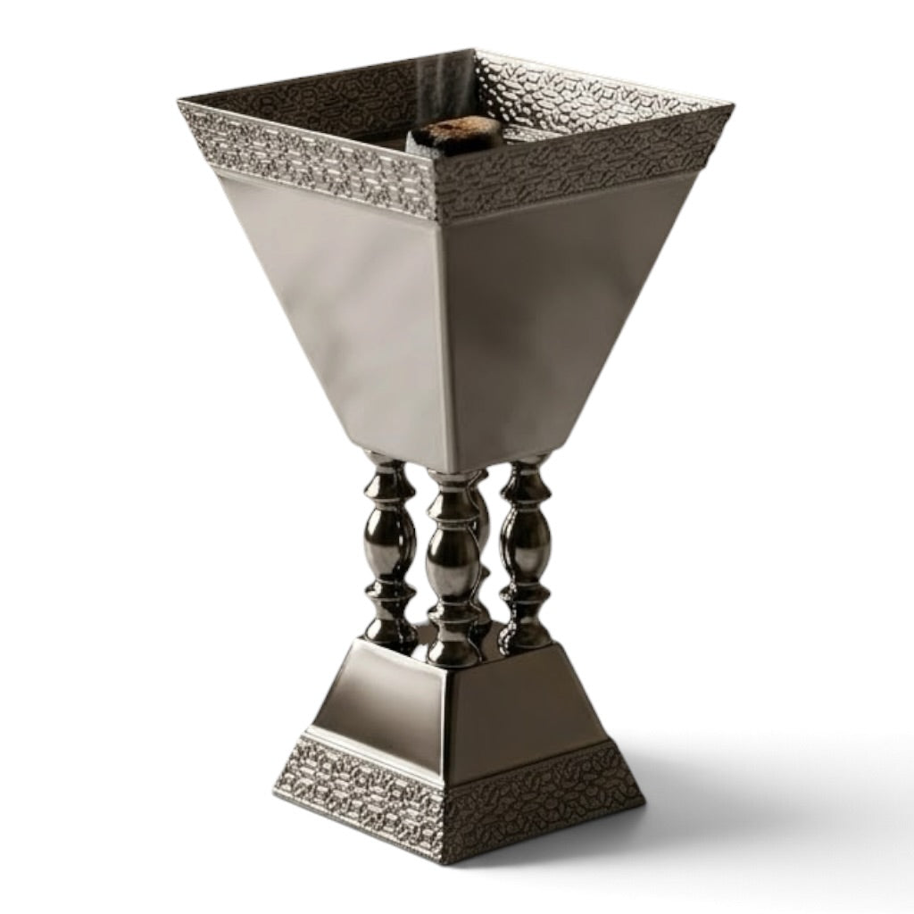 Luxury Chrome Incense Burner / Mabkhara with Ornate Pedestal Base – Small