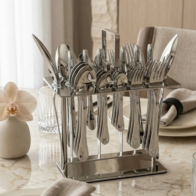 Alpen Berg Luxury Stainless Steel Cutlery Set (38 Pcs) with Stand – Classic Scalloped Handle Design - Mawaeen