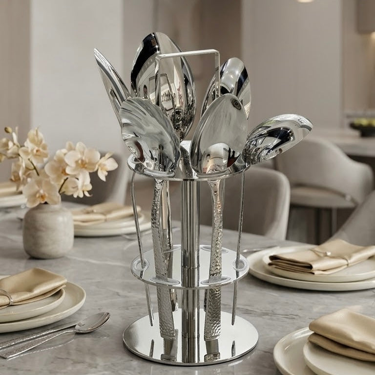 Alpen Berg Luxury Hammered Stainless Steel Serving & Hostess Set (6 Pcs) with Stand - Mawaeen