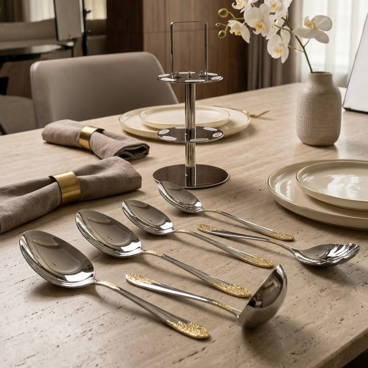 Alpen Berg Luxury Two-Tone Stainless Steel Serving & Hostess Set (6 Pcs) with Stand – Silver & Textured Gold - Mawaeen