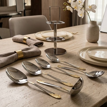 Alpen Berg Luxury Two-Tone Stainless Steel Serving & Hostess Set (6 Pcs) with Stand – Silver & Textured Gold - Mawaeen