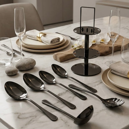 Alpen Berg Luxury Black Stainless Steel Serving & Hostess Set (6 Pcs) with Stand - Mawaeen