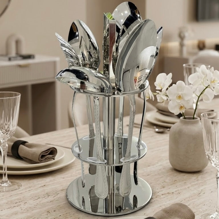 Alpen Berg Luxury Beaded Stainless Steel Serving & Hostess Set (6 Pcs) with Stand - Mawaeen