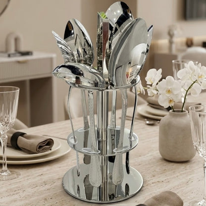 Alpen Berg Luxury Beaded Stainless Steel Serving & Hostess Set (6 Pcs) with Stand - Mawaeen