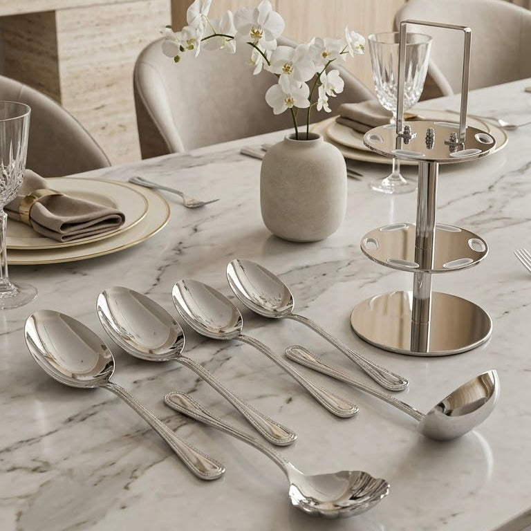 Alpen Berg Luxury Beaded Stainless Steel Serving & Hostess Set (6 Pcs) with Stand - Mawaeen