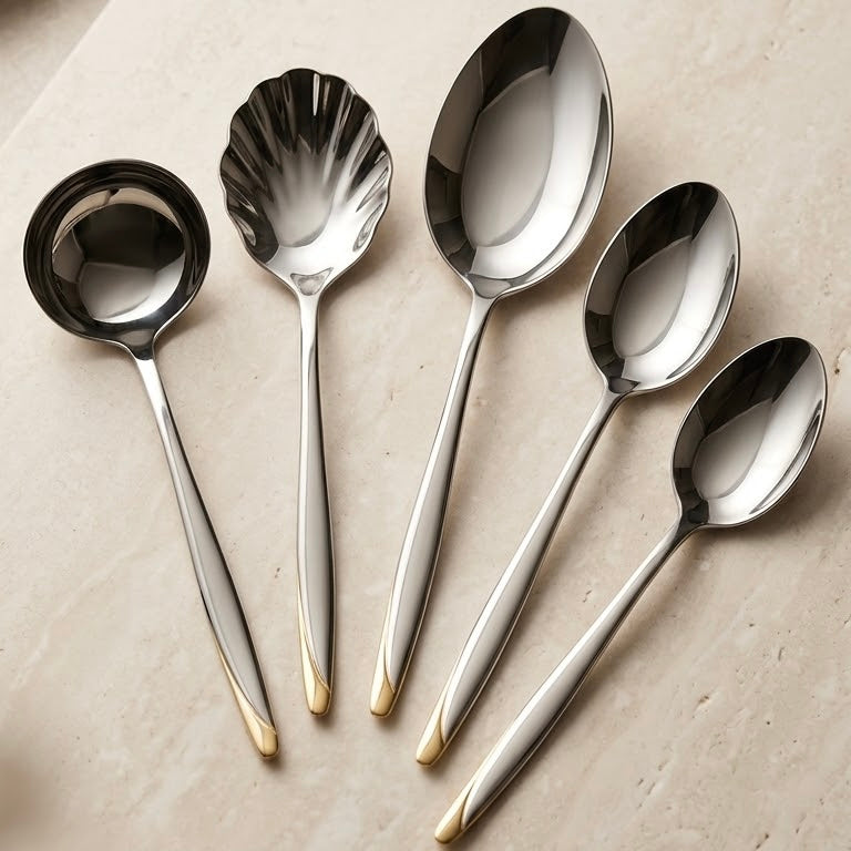 Alpen Berg Luxury Two-Tone Stainless Steel Serving & Hostess Set (6 Pcs) with Stand – Silver & Gold Trim - Mawaeen