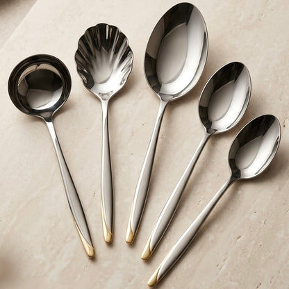 Alpen Berg Luxury Two-Tone Stainless Steel Serving & Hostess Set (6 Pcs) with Stand – Silver & Gold Trim - Mawaeen