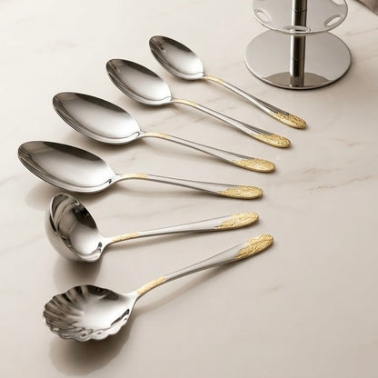 Alpen Berg Luxury Two-Tone Stainless Steel Serving & Hostess Set (6 Pcs) with Stand – Silver & Textured Gold - Mawaeen