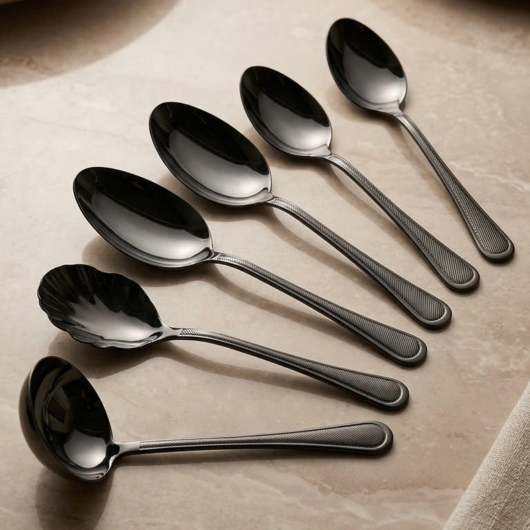 Alpen Berg Luxury Black Stainless Steel Serving & Hostess Set (6 Pcs) with Stand - Mawaeen