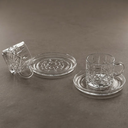Diamond-Patterned Clear Glass Coffee Set with Matching Saucers – 6 Person Set (4 oz)
