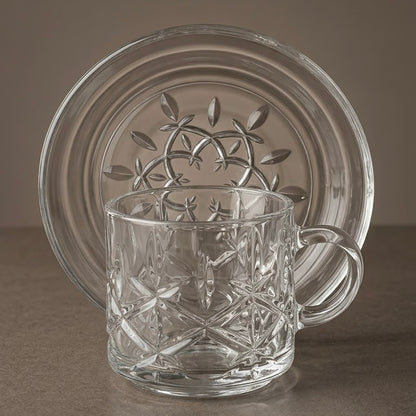 Diamond-Patterned Clear Glass Coffee Set with Matching Saucers – 6 Person Set (4 oz)