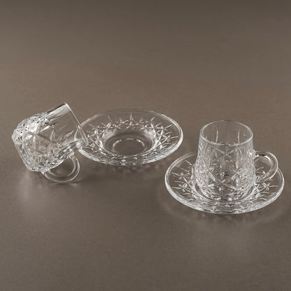 Diamond-Patterned Clear Glass Coffee Set with Matching Saucers – 6 Person Set (3 oz)