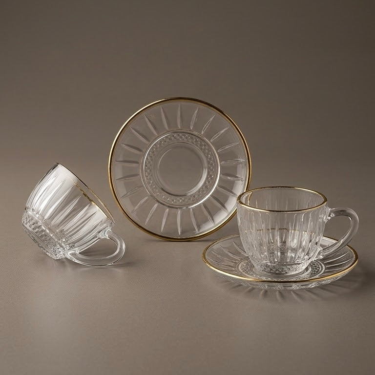 6-Piece Gold-Rimmed Fluted Glass Coffee Cup and Saucer Set